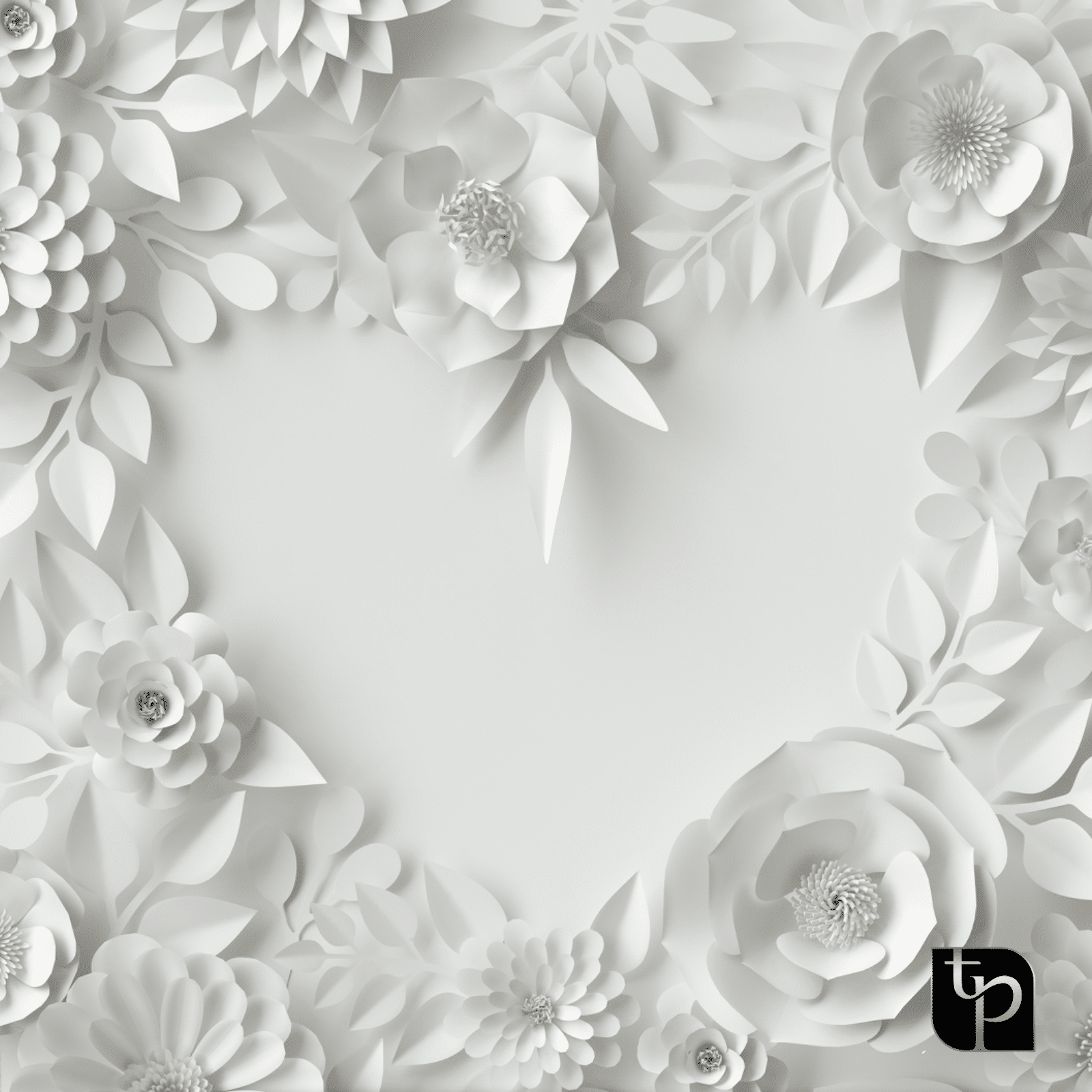 White floral backdrop design featuring intricate paper flowers and leaves, ideal for enhancing photography settings, with The Phototique logo in the corner.