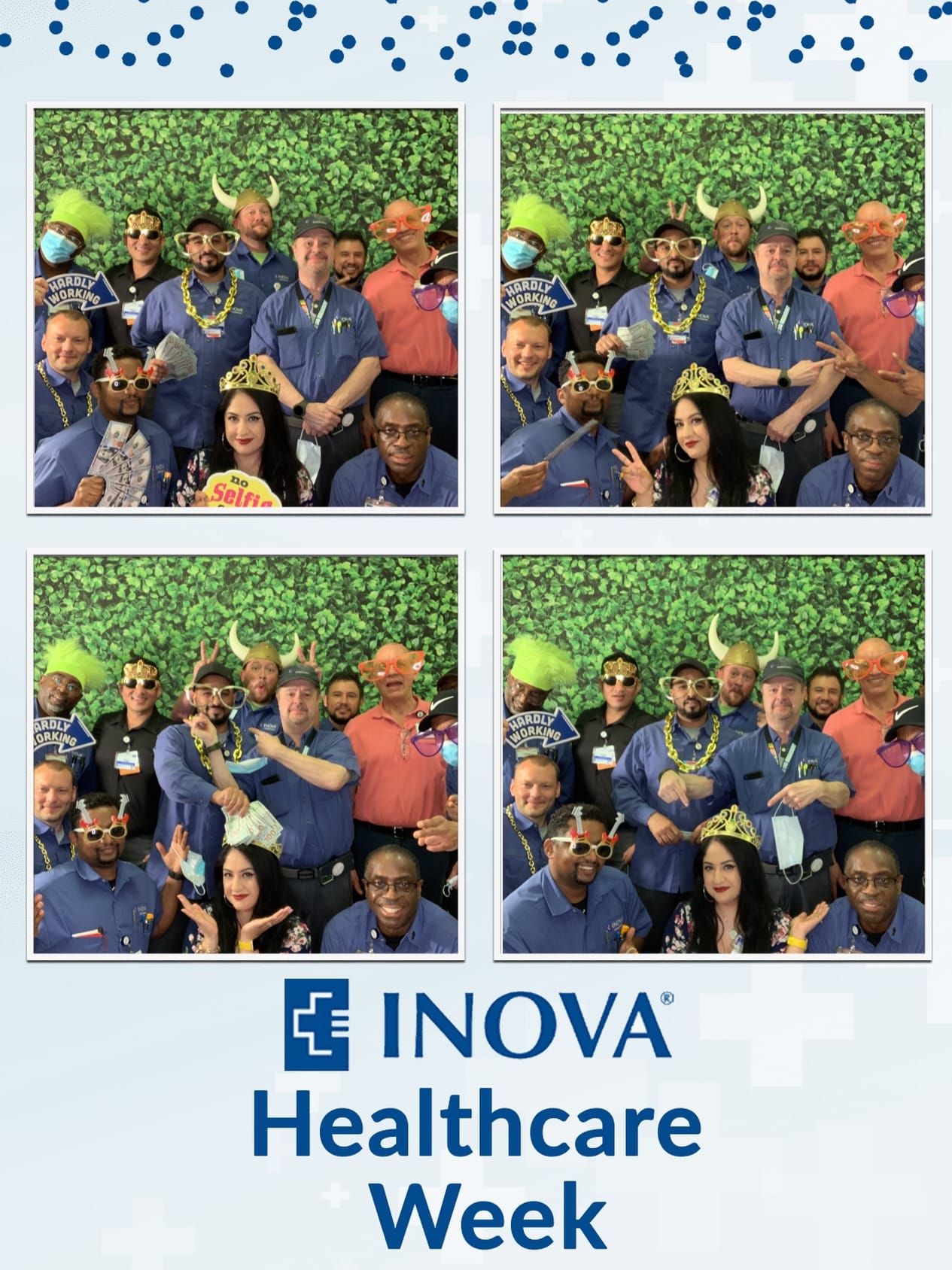 A large group of people celebrating Hospital Week, posing for a photo with a bright, branded backdrop as part of an appreciation event.
