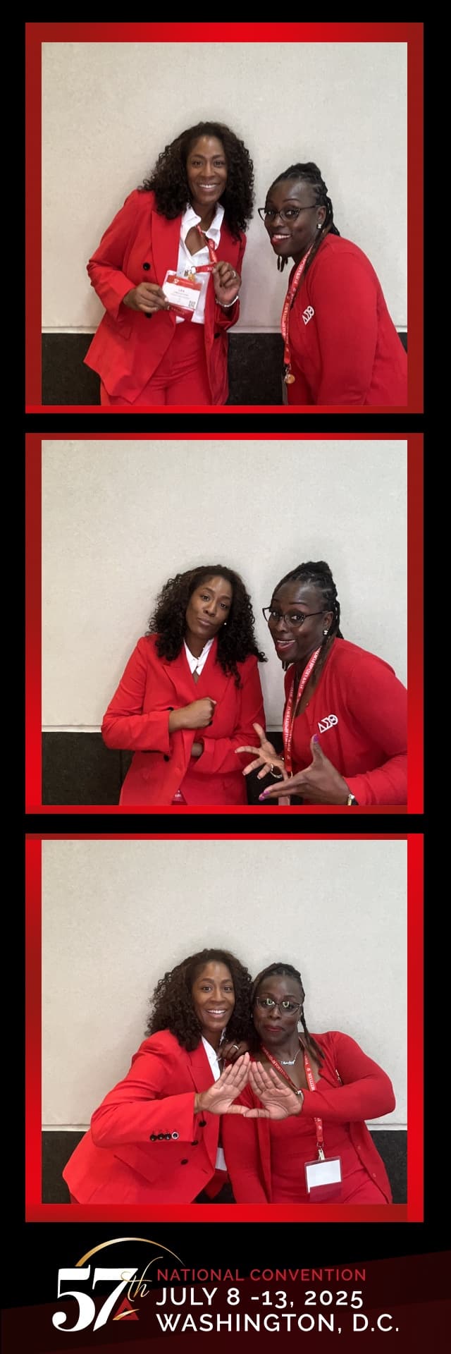 A large convention hall with a multi-person photo booth setup and a branded backdrop, where attendees are taking pictures.