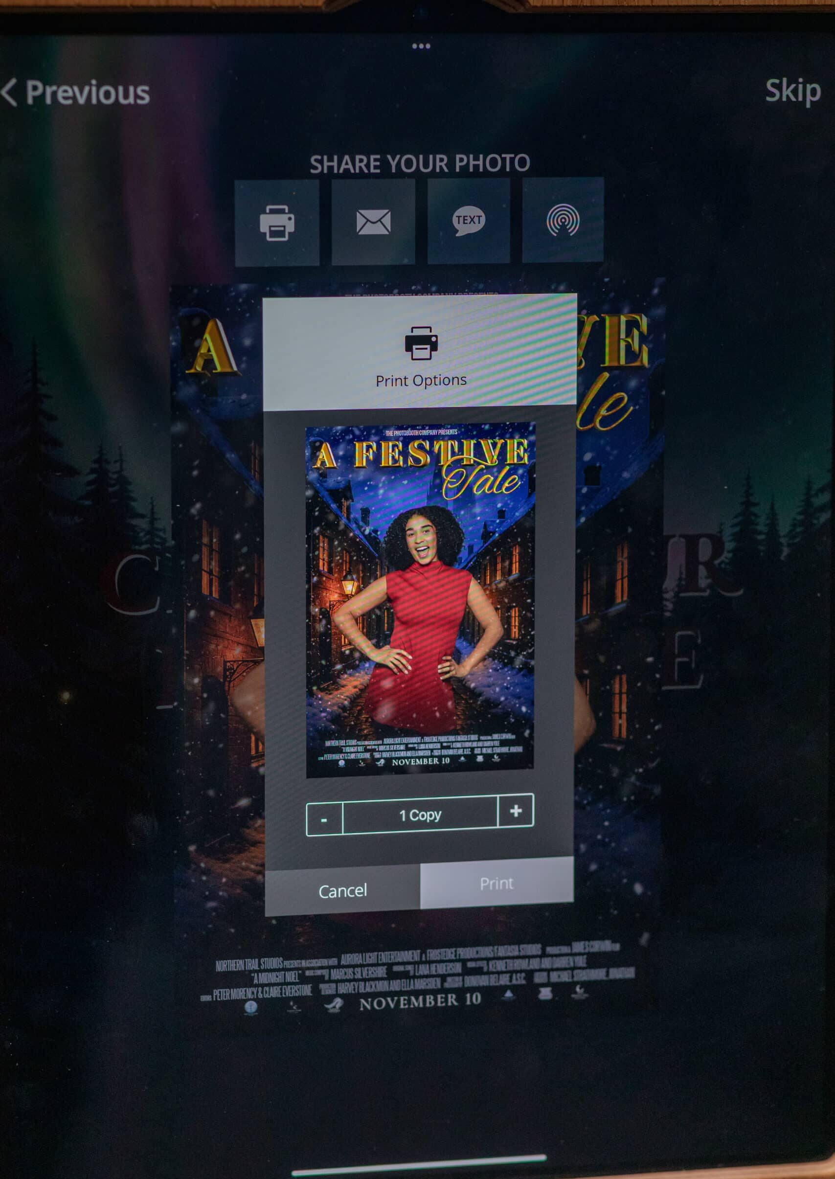 Guests featured in a holiday movie poster-style photo