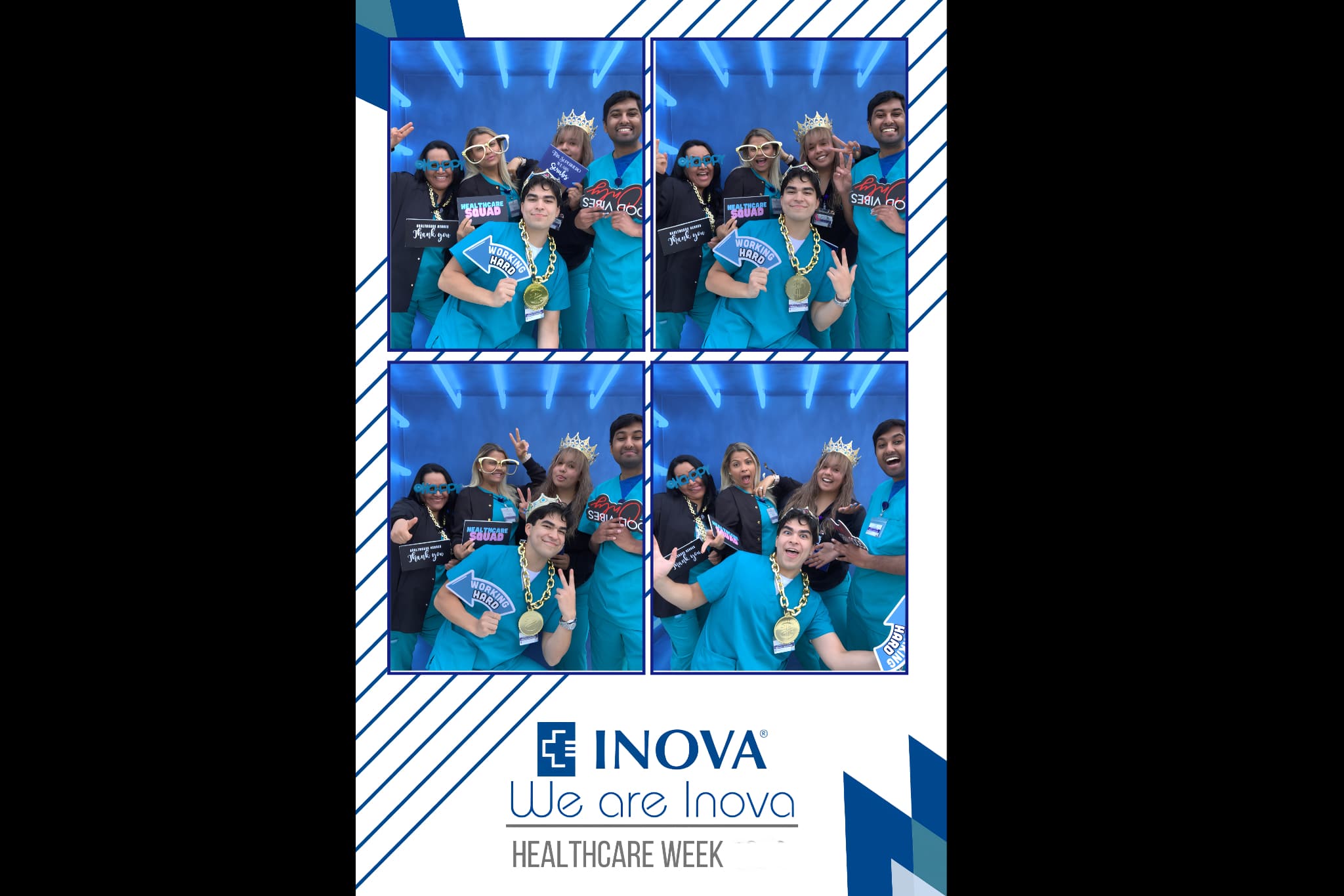 Two women in matching blue scrubs and surgical masks smiling and posing for a picture at a Hospital Week appreciation event.
