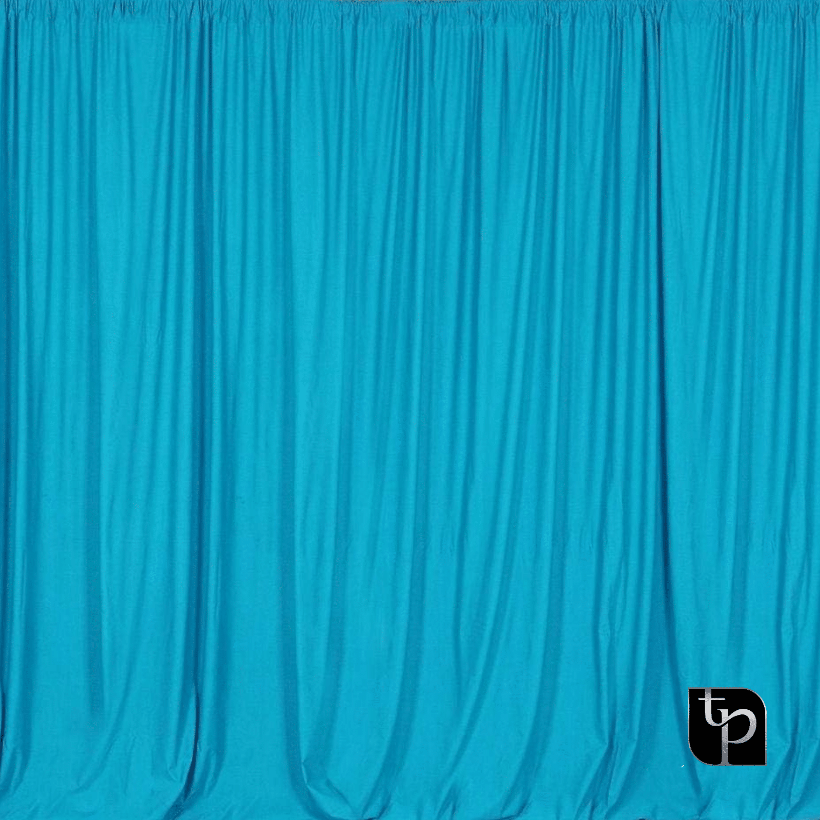 Bright turquoise backdrop curtain with soft draping, showcasing fabric texture, ideal for enhancing photographic settings by The Phototique.