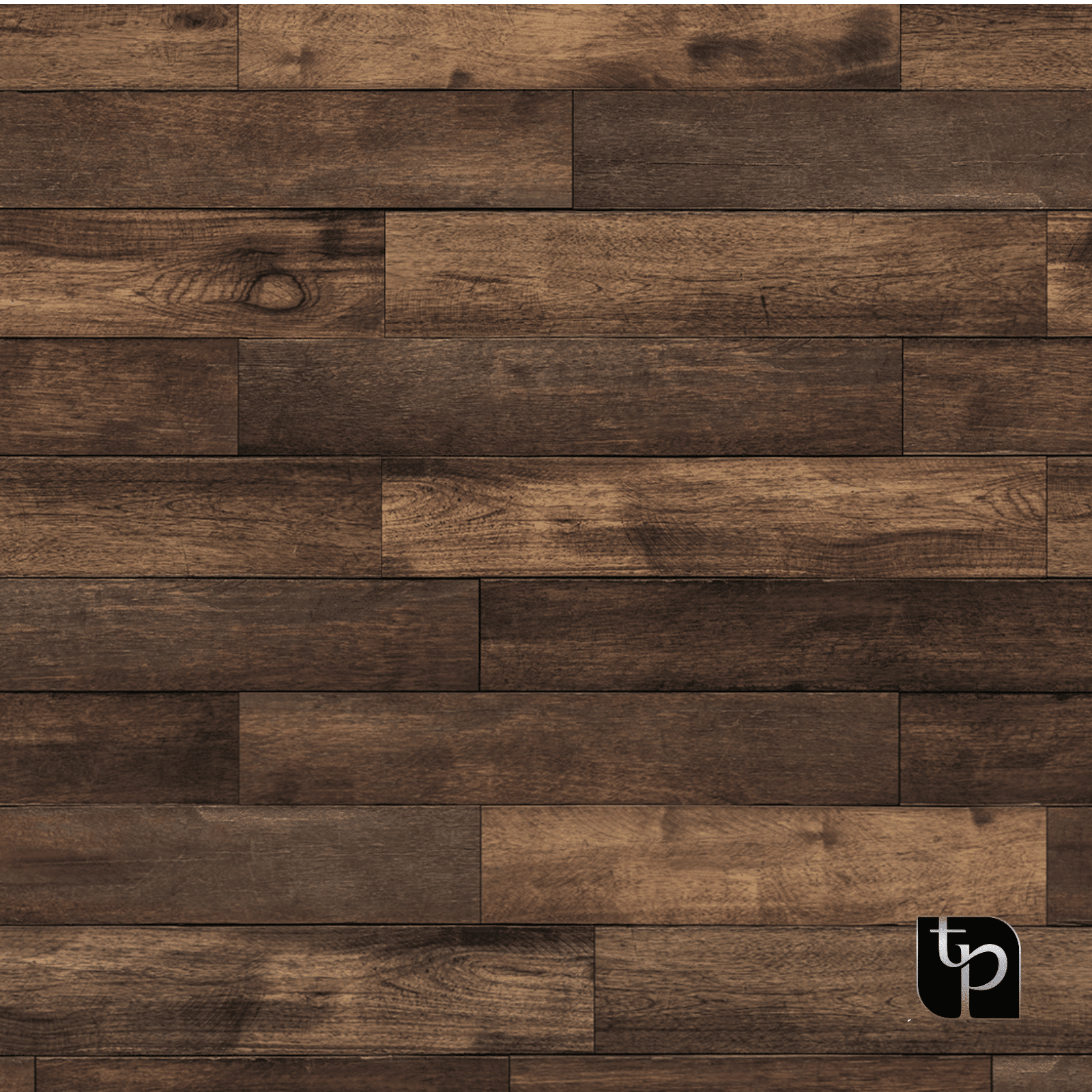 Wooden backdrop with dark brown planks, featuring a logo of The Phototique in the bottom right corner, ideal for enhancing photography settings.