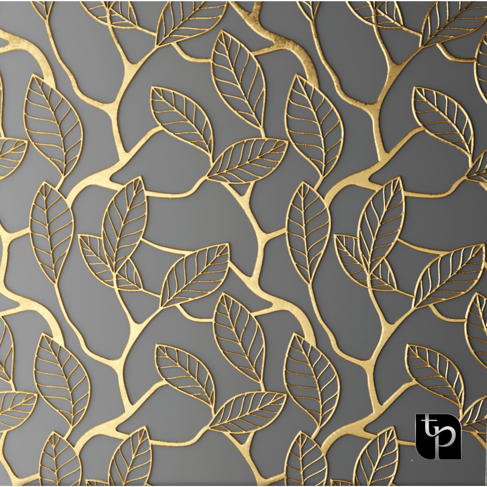 Gold leaf pattern backdrop on gray background, showcasing intricate leaf designs, ideal for enhancing photography settings.