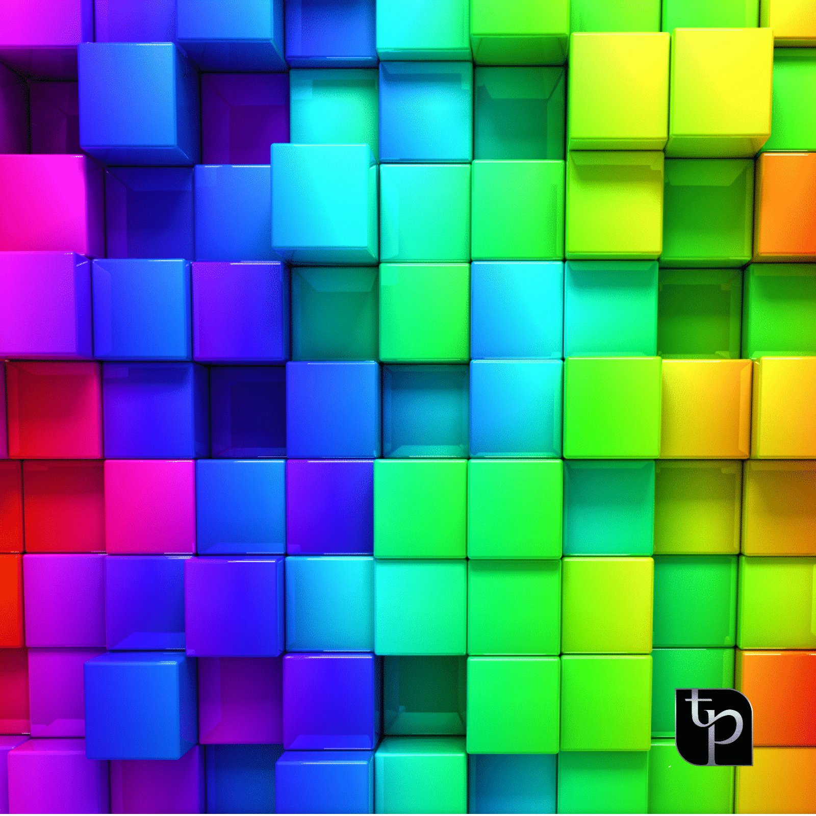 Colorful geometric backdrop of glossy cubes in vibrant rainbow hues, featuring shades of pink, blue, green, and yellow, ideal for enhancing photography settings by The Phototique.