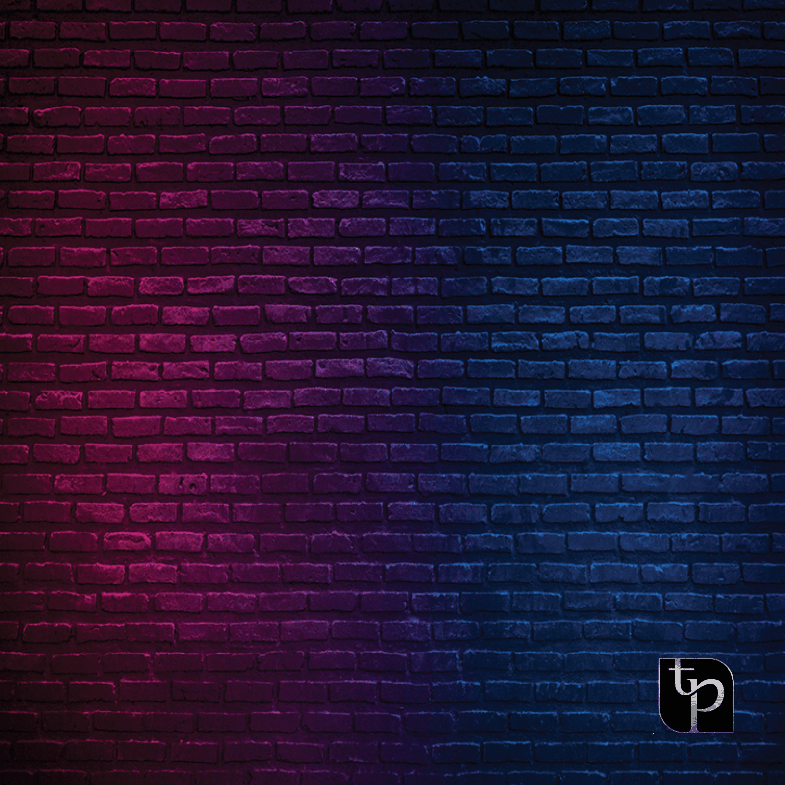 Colorful brick backdrop featuring a gradient of purple and blue hues, ideal for enhancing photography settings, with The Phototique logo in the corner.