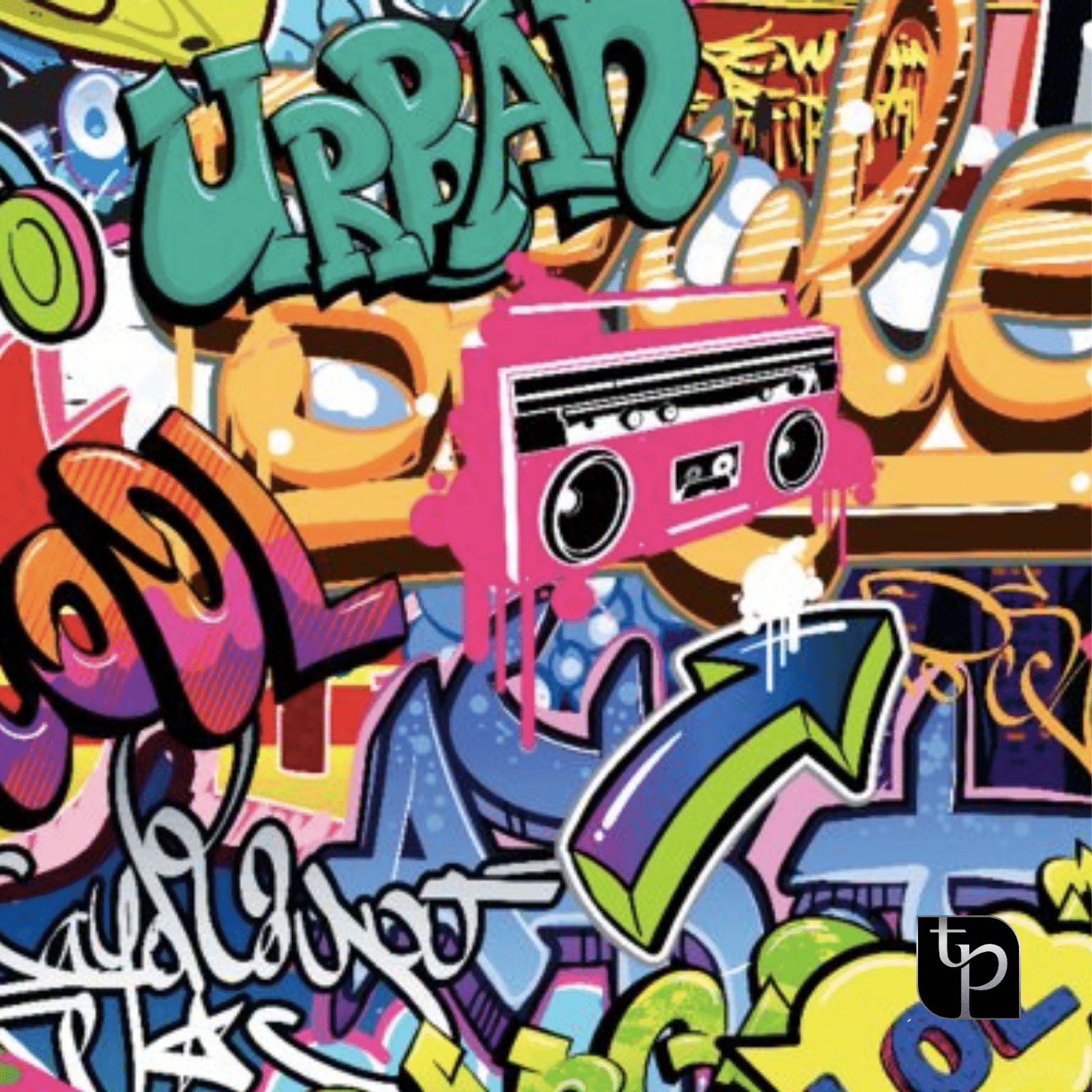 Colorful urban graffiti backdrop featuring the words "URBAN" and "COOL," along with a pink boombox and vibrant arrow designs, ideal for enhancing photography settings.