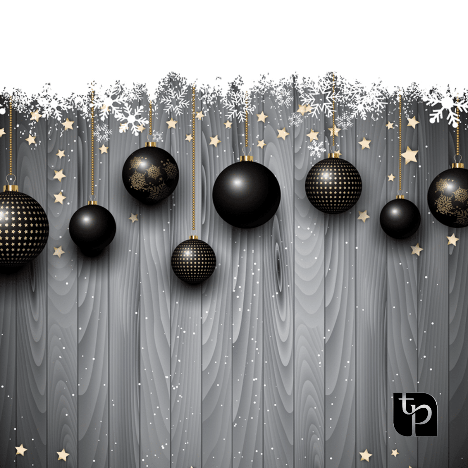 Black and gold holiday-themed backdrop featuring hanging ornaments and snowflakes against a wooden texture, ideal for festive photo shoots by The Phototique.