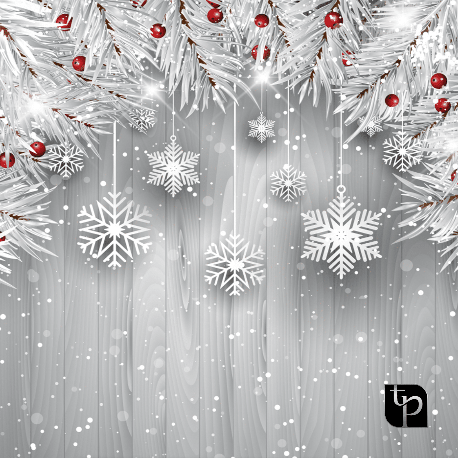 Winter-themed backdrop with white snowflakes and pine branches, featuring red berries, set against a gray wooden background, ideal for holiday photo shoots by The Phototique.