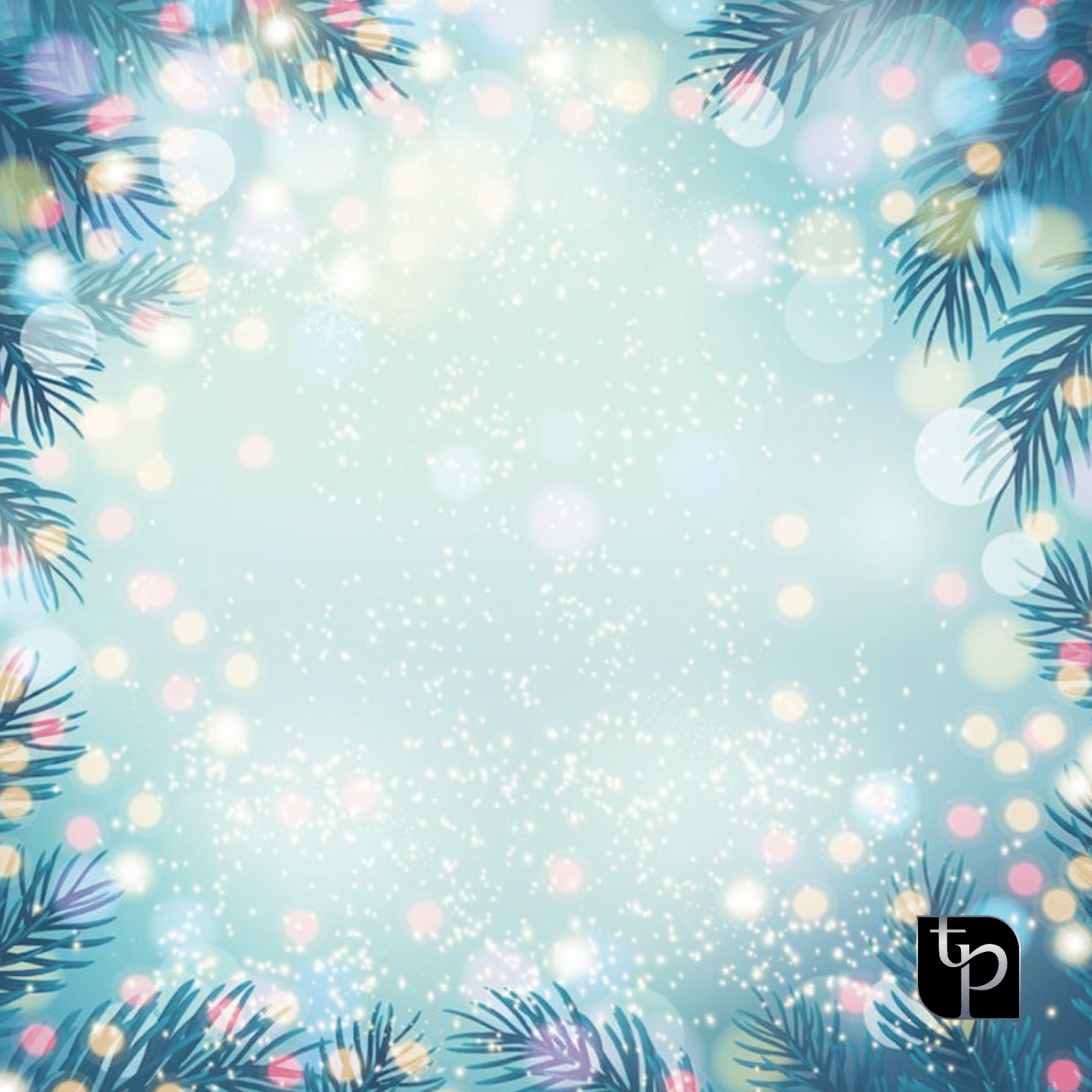 Holiday-themed backdrop with soft blue background, scattered light bokeh effects, and green pine branches framing the edges, featuring The Phototique logo in the corner.