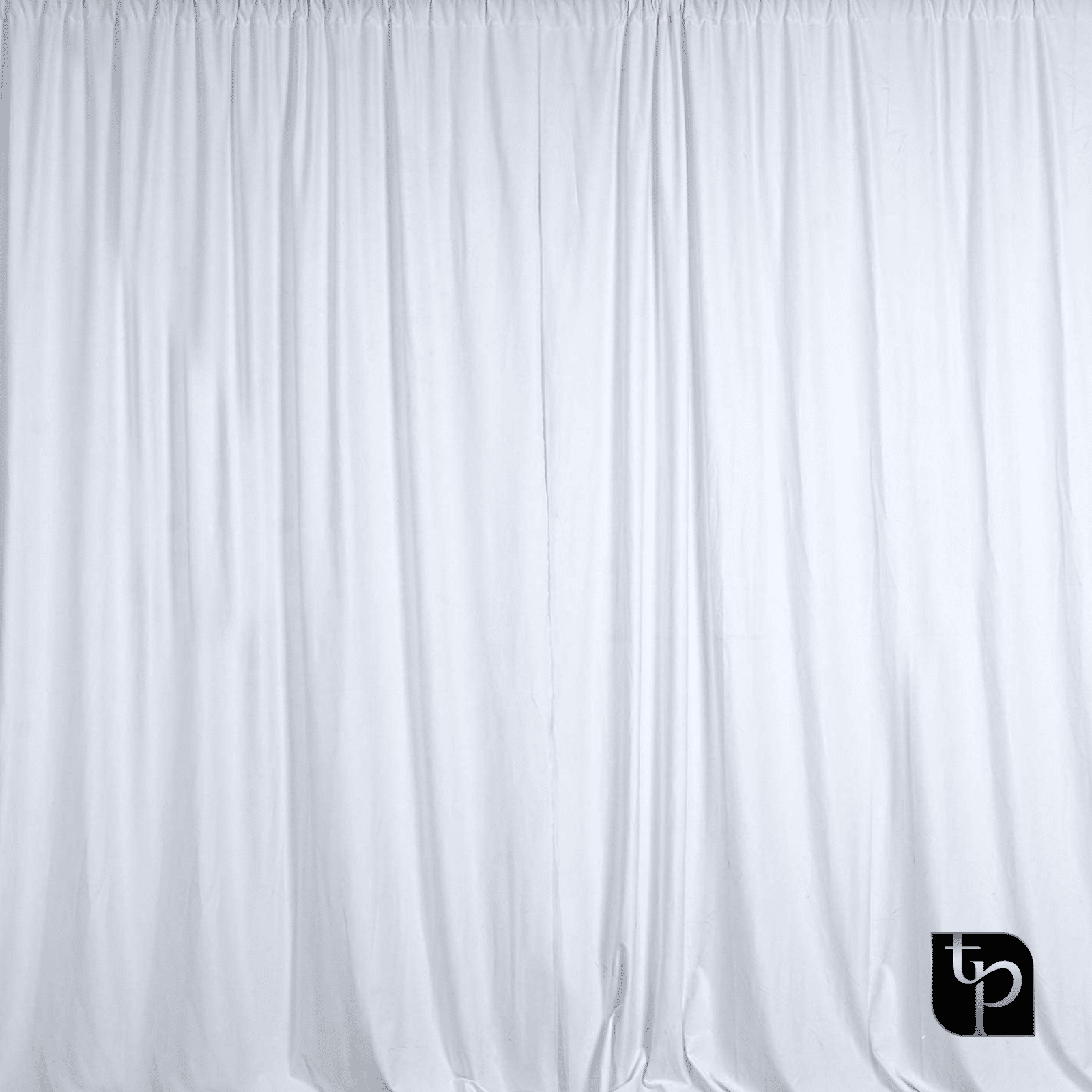 White fabric backdrop with soft drapery, showcasing versatility for photography settings, featuring The Phototique logo in the bottom right corner.
