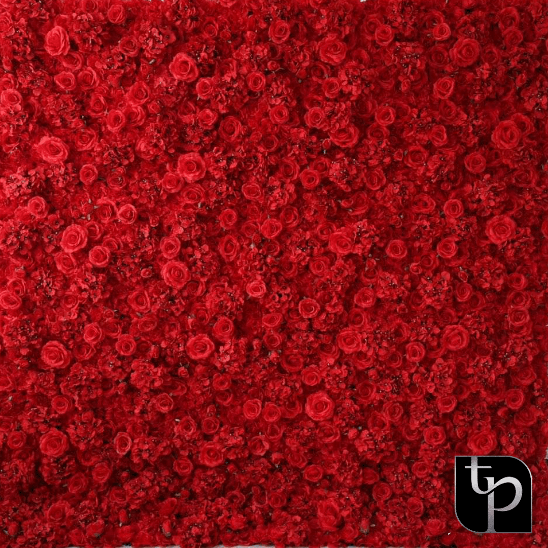 Red floral backdrop featuring a dense arrangement of roses and small flowers, ideal for enhancing photography settings.