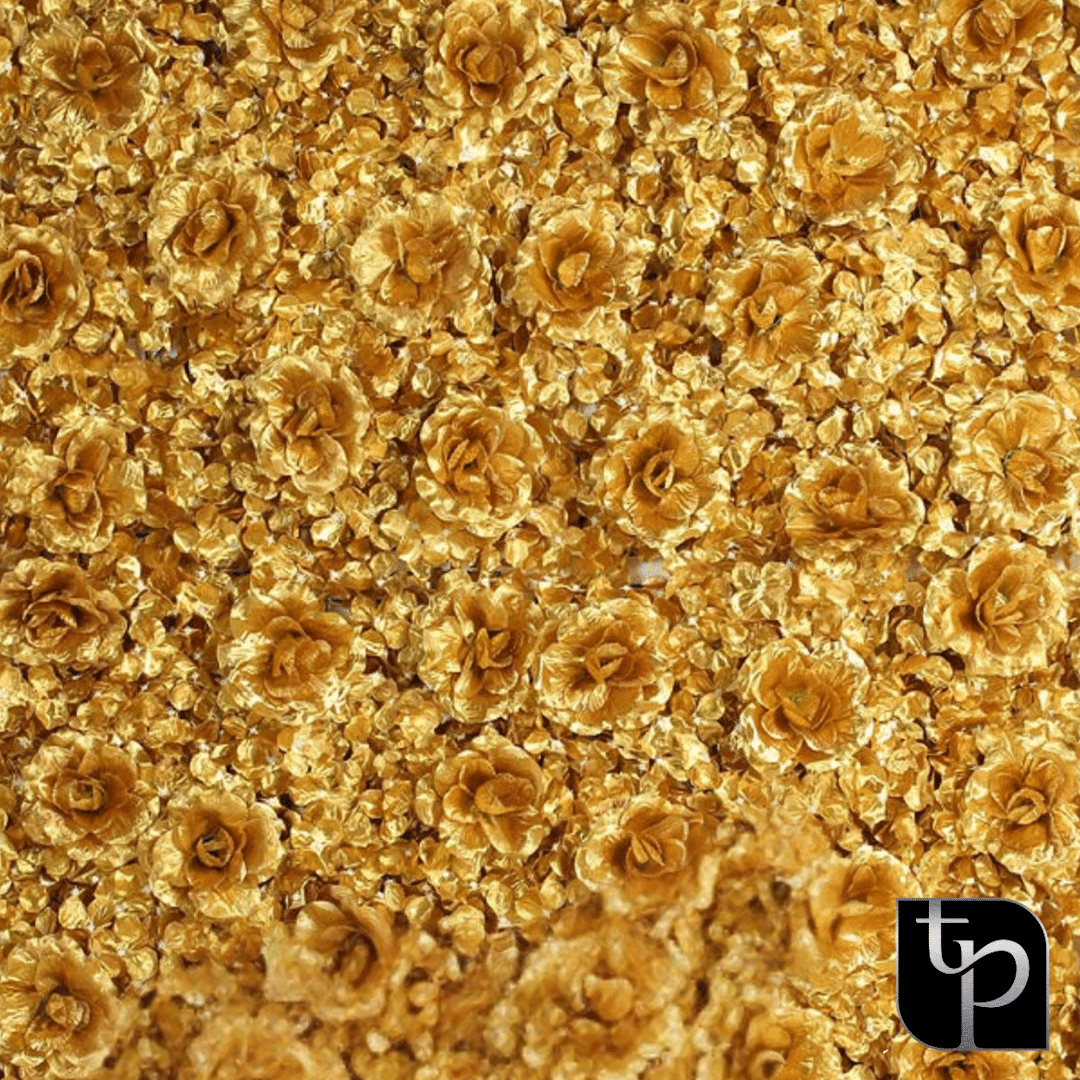 Golden floral backdrop design featuring intricate rose patterns, ideal for enhancing photography settings.