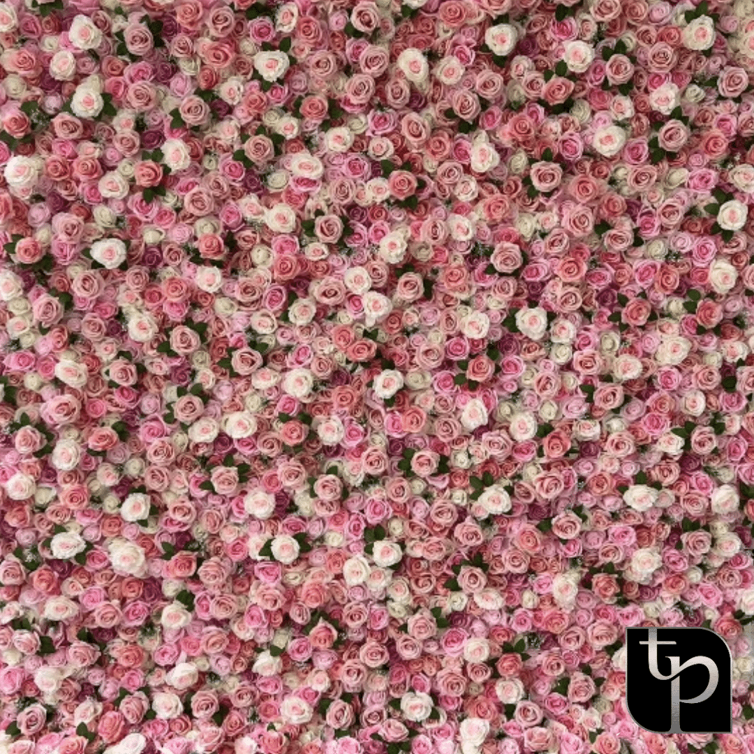 Pink and white floral backdrop featuring a dense arrangement of roses, ideal for enhancing photography settings, with The Phototique logo in the corner.