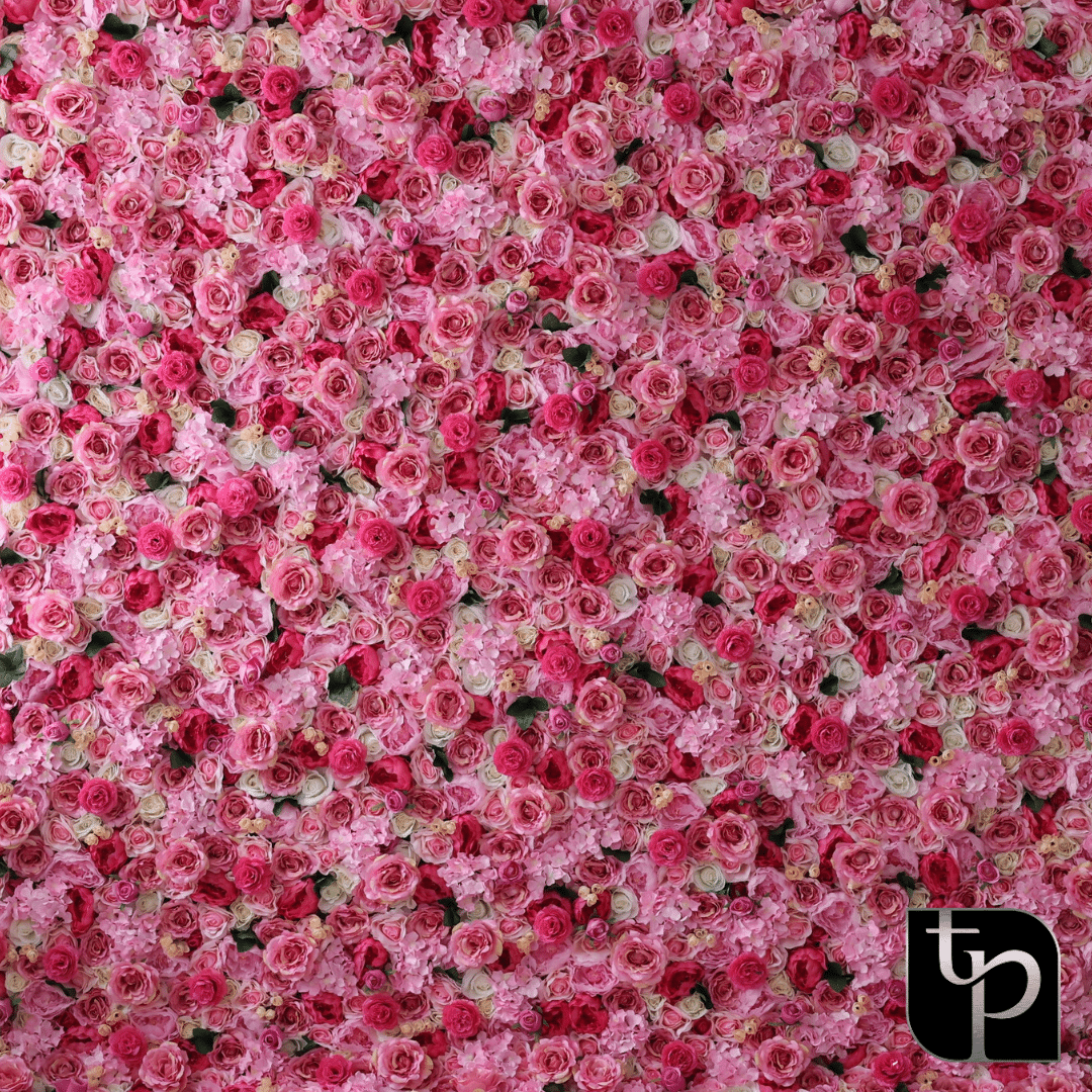 Floral backdrop featuring a dense arrangement of pink roses and hydrangeas, ideal for enhancing photography settings, with The Phototique logo in the corner.