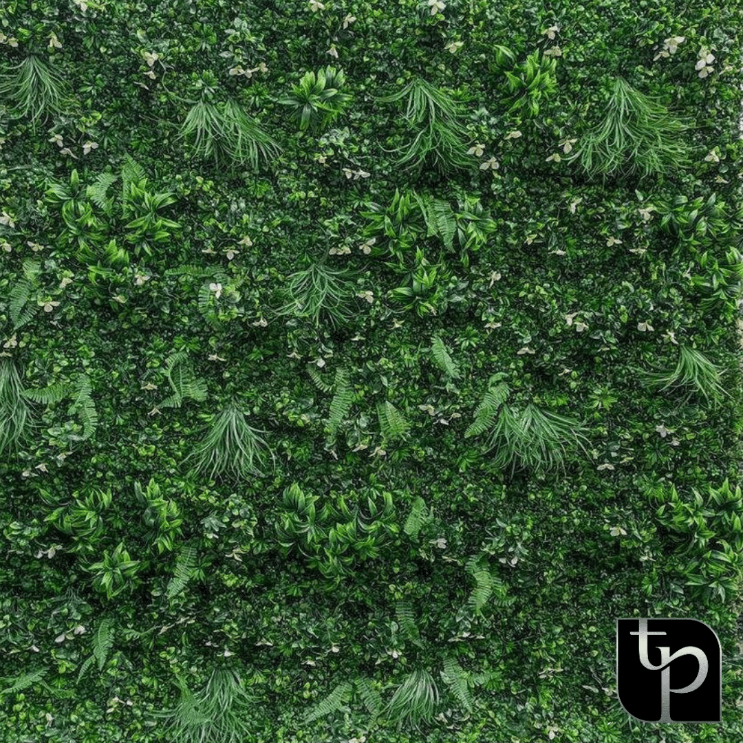 Lush green backdrop featuring various types of foliage, including ferns and small plants, ideal for enhancing photography settings, with The Phototique logo in the corner.