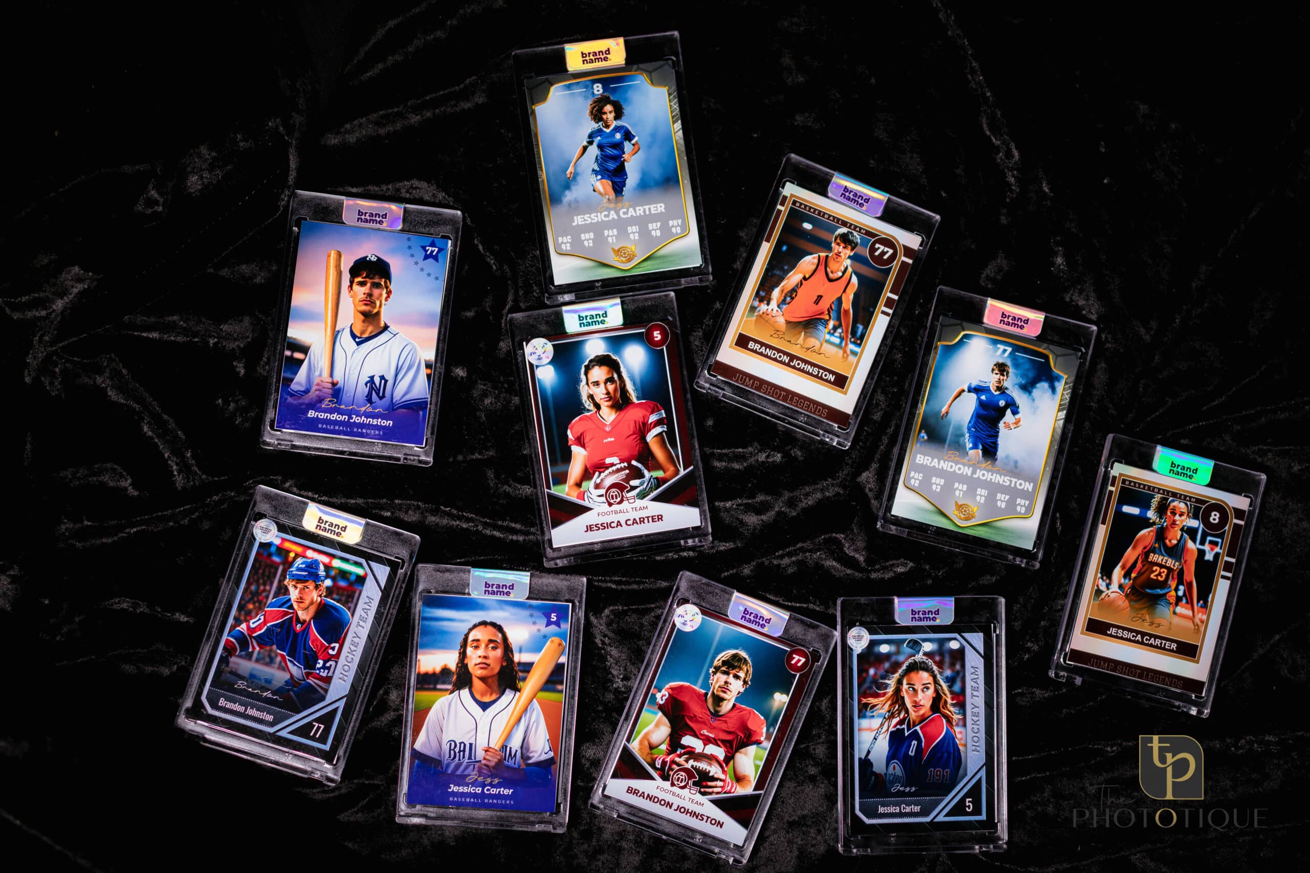 Collection of sports trading cards featuring athletes Jessica Carter and Brandon Johnston, emphasizing customizable event merchandise and keepsakes for memorable experiences.