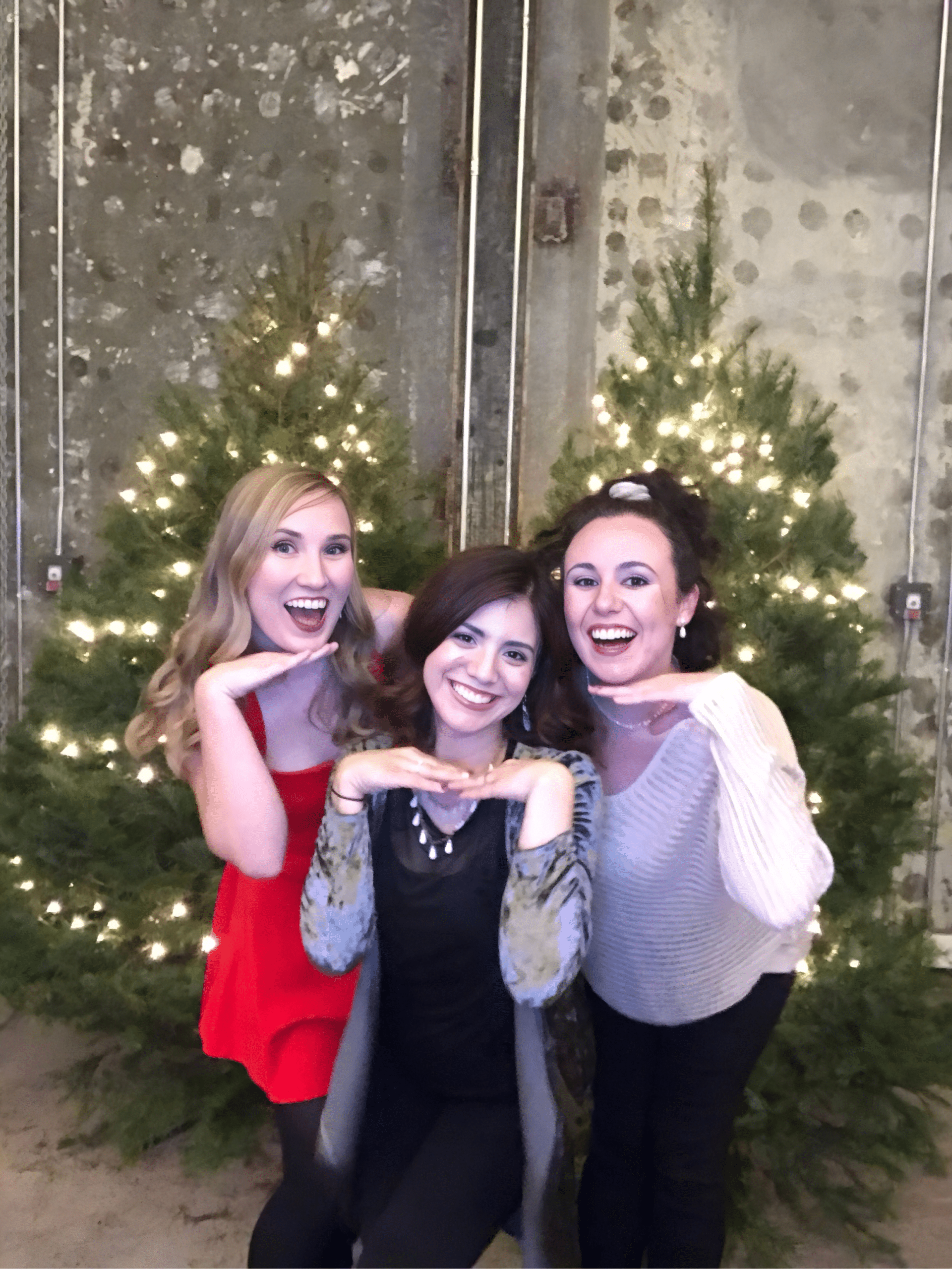 Women pose for photo booth in DC at corporate holiday party